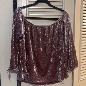 American Eagle Outfitters Crushed Velvet Off-Shoulder Top in Dusty Mauve